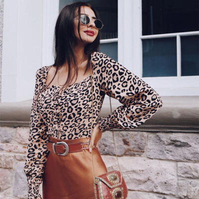 

Women V Neck Leopard Long Sleeve T-Shirt Pullover Crop Short Tops Leopard Sexy