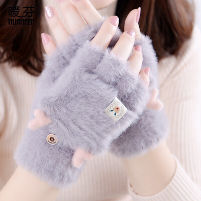 

Warm Fen NuanFen gloves women warm winter fashion plus velvet thickening riding plush writing office cute cartoon Korean version flip half finger Christmas gift A3299C gray