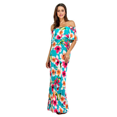 

PREISEI Summer Women Bohemian Sexy Off Shoulder Dresses Slash Neck Ruffles Short Sleeve Straight Long Maxi Beach Dress PR2757