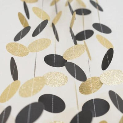 

10 FT Black&Gold Glitter Circle Polka Dots Paper Garland Party Decor Banner