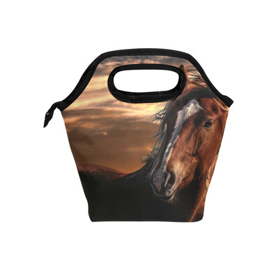 

Lunch Tote Bag Brown Horse Travel Picnic Insulated Lunch Handbags Portable Zipper Lunch Bag Box