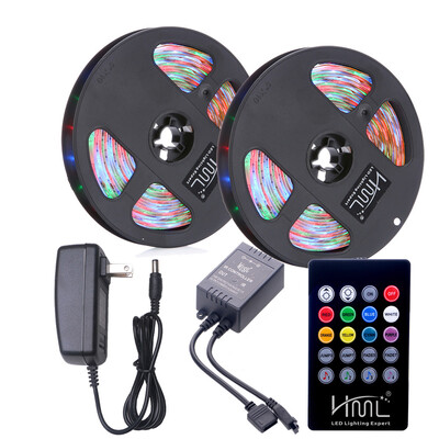 

HML 2pcs 5M waterproof 24W RGB 2835 300 LED Strip Light - RGB with IR 20 Keys Music Remote Control&US Adapter
