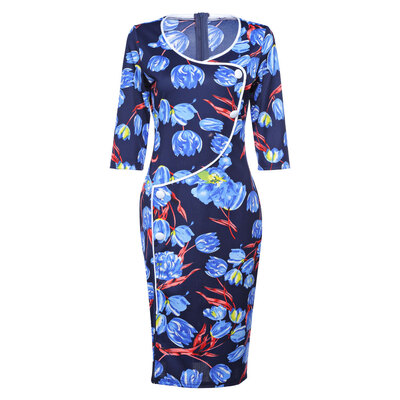 

Trendy Round Collar Half Sleeve Floral Print Slit Button Women Bodycon Dress