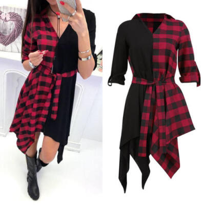 

USA Women Plaid Long Sleeve Oversize Button Down Hi-Low Hem Evening Shirt Dress