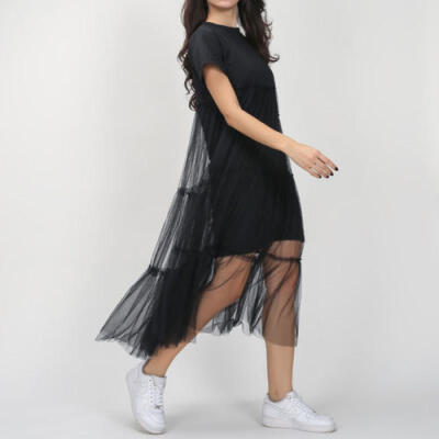 

Women Sexy Maxi Summer Splicing Pleated Mesh T shirt Dress Sport Black Dress