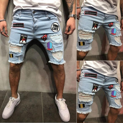 

Mens Skinny Jeans Rip Slim Stretch Denim Distress Frayed Biker Jeans Short Pant