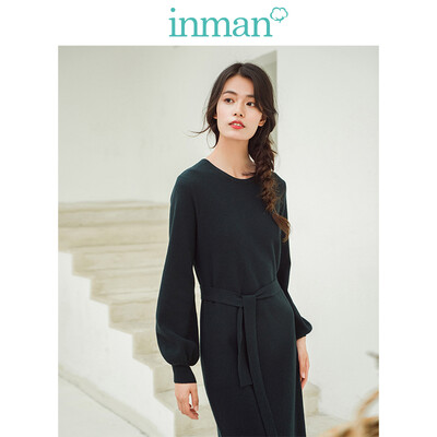 

INMAN 2018 winter new round neck with belt retro ladies long woolen dress female 1884451596 dark green