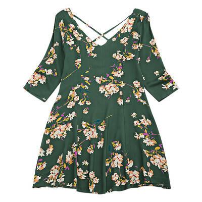 

Three Quarter Sleeve Floral Print Flared Dress