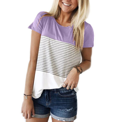

Womens Color Block Short Sleeve T Shirt Casual Stripe Round Neck Tunic Tops