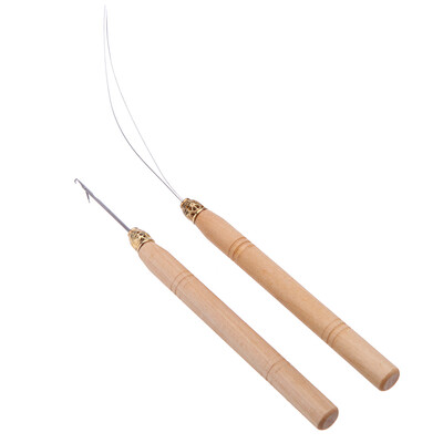

Fashion 2Pcs Hair Extension Hook Pulling Tool Needle Threader Micro Ring Beads Loop Wooden Handle With Iron Wire Hotting