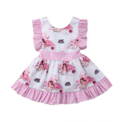 

UK Cotton Kids Baby Girls Princess Party Cartoon Plaid Sleeveless Dress Sundress