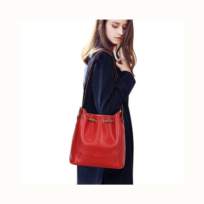 

Womens leather one-shoulder bucket bag with diagonal handle on top with handle
