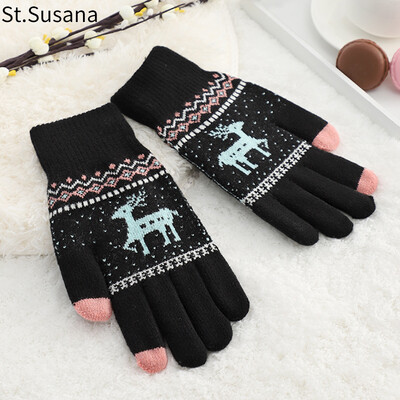 

St Susanna wool gloves female winter Korean cute student cartoon warm outdoor riding driving touch screen ladies gloves SSN890 black one yard