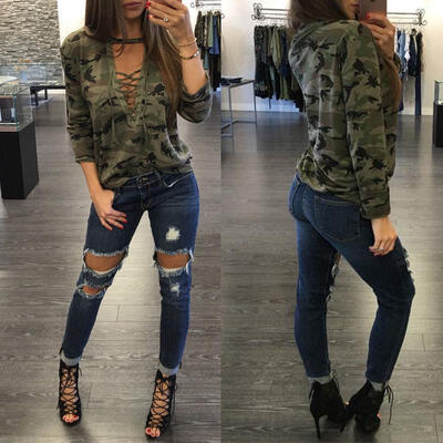 

Womens Long Sleeve Camouflage T-shirt Sweatshirt Hoodies Pullover Jumper Top