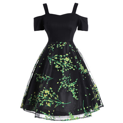 

Vintage Cold Shoulder Mesh Panel Dress