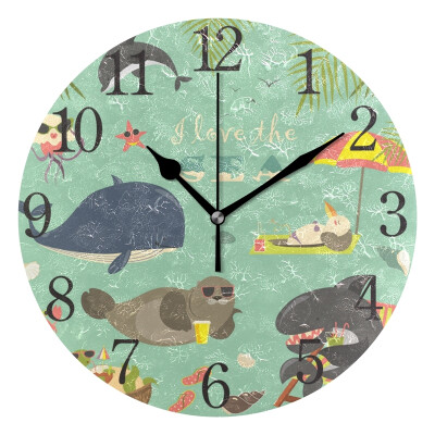 

Wall Clock Arabic Numerals Design Sea Animals On Resort Round