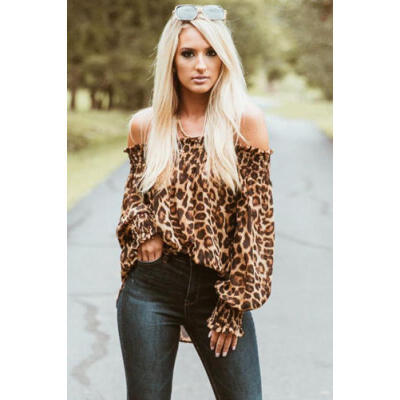 

US Women Fashion Sexy Off Shoulder Leopard Print Tops Puff Long Sleeve Loose Top