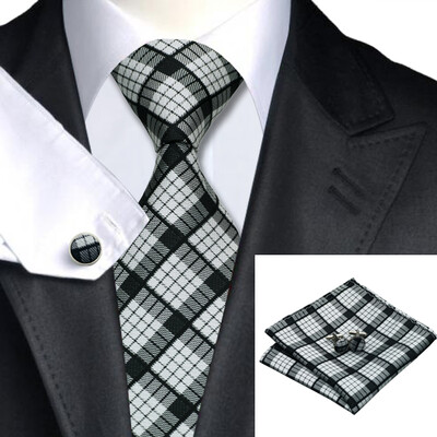 

N-0223 Vogue Men Silk Tie Set Blacks Plaids & Checks Necktie Handkerchief Cufflinks Set Ties For Men Formal Wedding Business wholesale