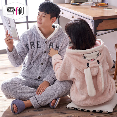 

Snowy autumn&winter flannel lovers pajamas ladies cute hooded thick coral fleece male long sleeve cartoon suit pink