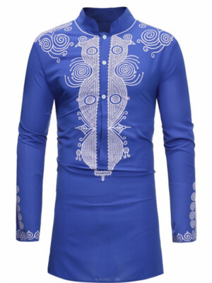 

Dashiki Stand Collar Mid-Length Slim Mens Shirt