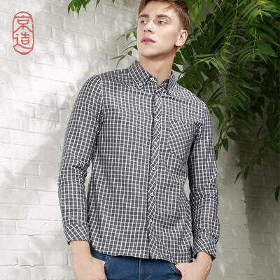

JZAO OCE mens casual long-sleeved plaid shirt ink blue XS 16588A