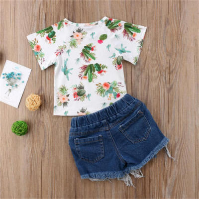 

Newborn Kids Baby Girls Floral Tops T-shirt Denim Pants Shorts Outfits Clothes