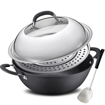

【Jingdong Supermarket】 Ai Shida 34CM uncoated hard cast no rusty wok CF34D1WG iron pot stew pot steam cooker instantaneous fire with steam with a grate