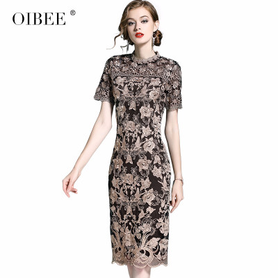 

OIBEE2018 autumn womens new fashion color matching embroidered openwork lace skirt slim slimming large size skirt