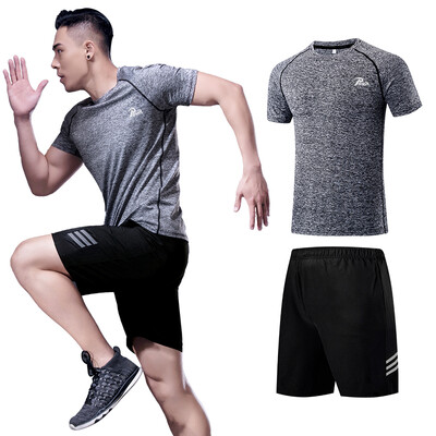 

Puwei special POVIT sports suit mens fitness clothing tight breathable moisture wicking running training gym quick-drying clothes short-sleeved shorts gray black two-piece set -code P-823