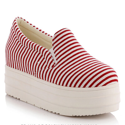 

IDIFU Womens Striped Elastic Platform Canvas Shoes Slip on Loafers Low Top Sneakers