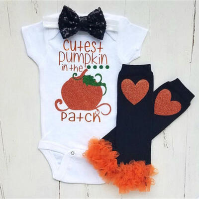 

3Pcs Infant Kids Baby Girls Pumpkin Romper Lace Leggings Bowknot Outfits Clothes