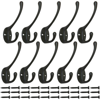 

UpperX 10 Pack Heavy Duty Dual Coat Hooks Wall Mounted with 30 Screws Retro Double Utility Rustic HooksBlack