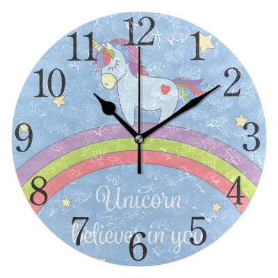 

Wall Clock Arabic Numerals Design Unicorn And Rainbow With Stars Round