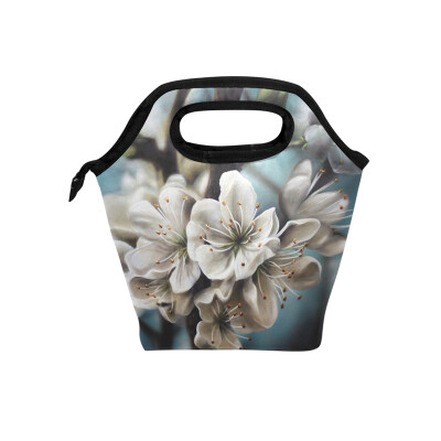 

Lunch Bag White Flower Tote Travel Picnic Insulated Handbags Portable Zipper Lunch Bag Box