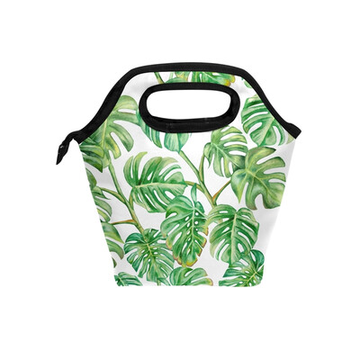 

Insulated Lunch Tote Bag Green Leaves Travel Picnic Lunch Handbags Portable Zipper Lunch Bag Box
