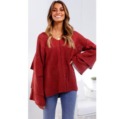 

New Womens Winter Warm V Neck Oversized Tops Chunky Knitted Sweater Jumper AU