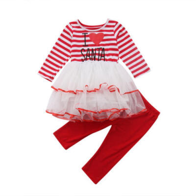 

Newborn Kids Baby Girls Xmas Stripes Dress Top Pants Leggings Outfits Clothes