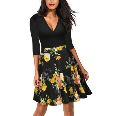 

Women Vintage Zipper Floral Printed Tunic Pleated Swing Dresses