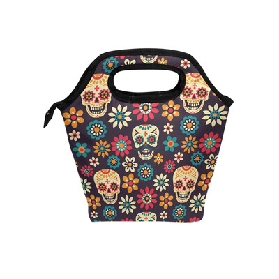 

Insulated Lunch Tote Bag Flower Skull Travel Picnic Lunch Handbags Portable Zipper Lunch Bag Box