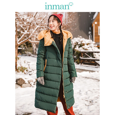 

INMAN 2018 winter new hooded fur collar fresh literary warm long down jacket female 1884121002 dark green L