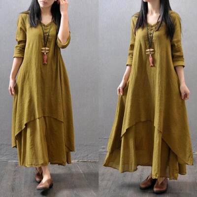 

AU Women Peasant Ethnic Boho Cotton Linen Long Sleeve Gypsy Dresses Maxi Dress