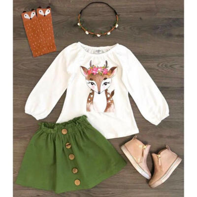 

2PCS Toddler Kids Baby Girl Xmas Deer Tops Blouse Dress Skirts Outfits Clothes