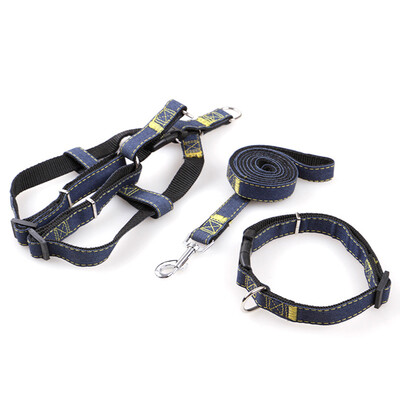 

3pcsSet Denim Heavy Duty Pet Dog Collar Leash Adjustable Harness 12m Traction Rope Leash for SmallMediumLarge Dogs for Daily T
