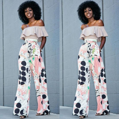 

US STOCK Women Loose Stretch High Waist Wide Leg Long Pants Palazzo Trousers