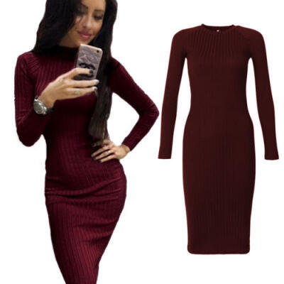 

Women Long Sleeve Dress Ladies Winter Knitted Jumper Sweater Dress Tops Pullover