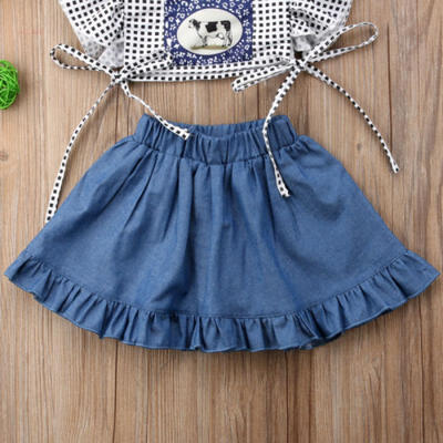 

New Infant Kid Baby Girl Cow Print Crop Top Denim Jeans Pant Dress Party Clothes