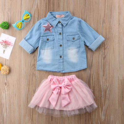 

Kid Baby Girls Jeans Denim Tops T-shirt Shirt Lace Bowknot Skirt Dress Outfits