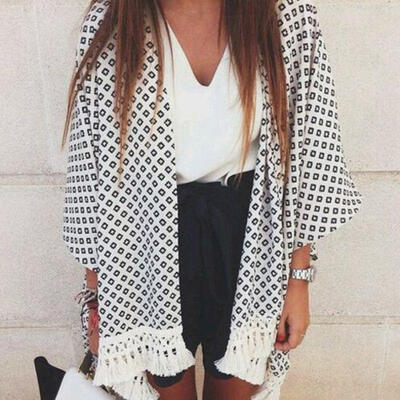 

Small Women Blouse Geometry Printed Summer Chiffon Coat Shawl Kimono Cardigan CA