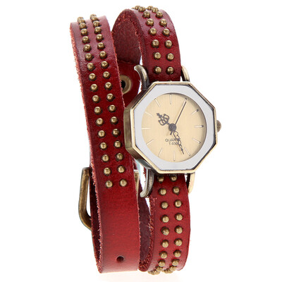 

Elegant Design Women Lady Quartz Wrist Watch Vintage Rivets Octagon Bronze Wrap Strap Bracelet
