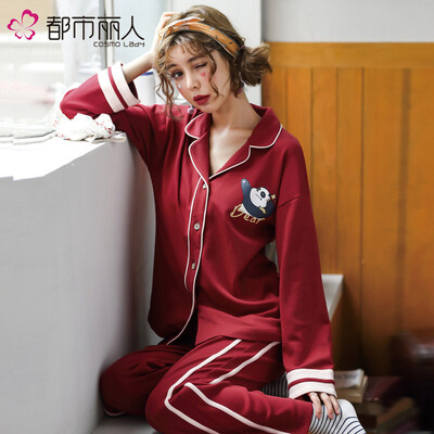 

Urban beauty pajamas women autumn cotton red cartoon pattern long-sleeved cardigan lapel home service suit AM2M106714 red cartoon bear  code